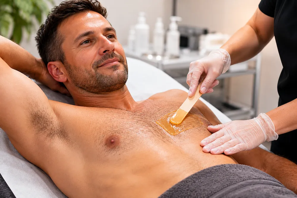 mens-chest-waxing-teddington Male client receiving professional chest waxing treatment in Teddington to remove unwanted body hair