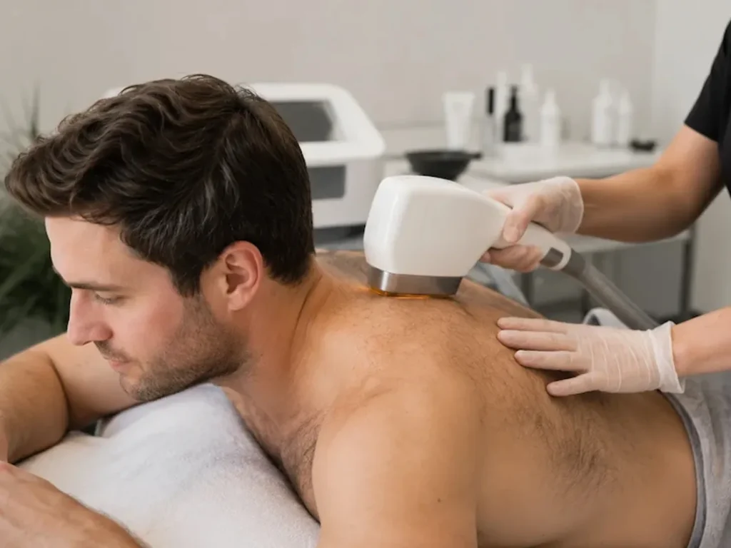mens-laser-hair-removal-teddington Professional men's laser hair removal treatment in Teddington targeting unwanted hair on the back and shoulders