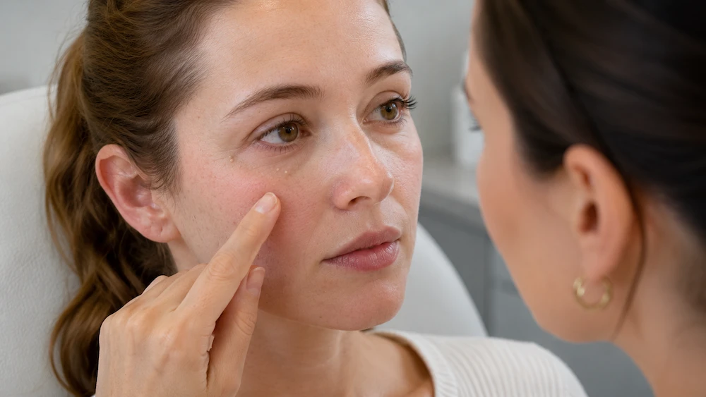 Consultation for professional milia removal in Teddington showing visible milia around the eye area before treatment